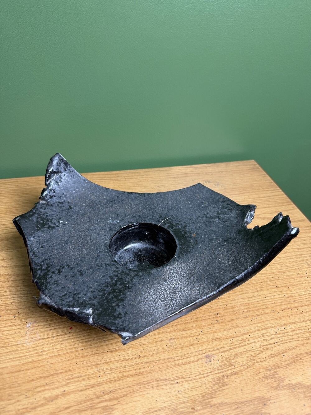 Handmade Brutalist Studio Pottery Black Sculptural Ikebana Bowl Vessel